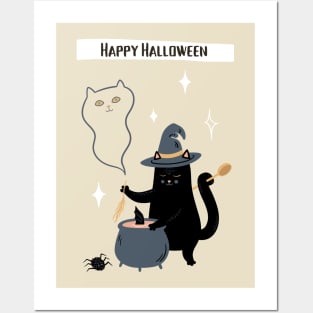 Happy Halloween Witch Cat Posters and Art